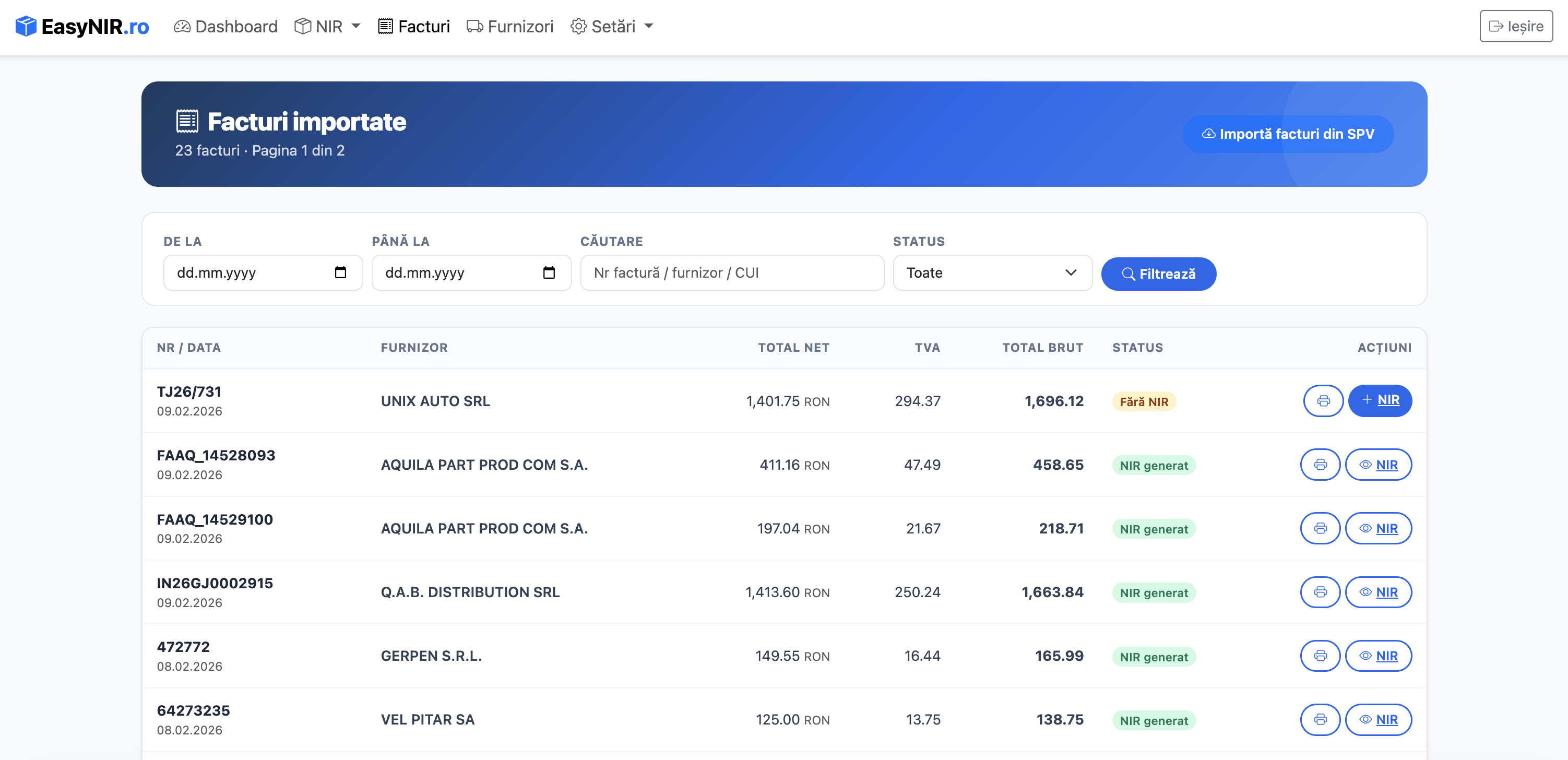 EasyNIR – Conectare SPV ANAF